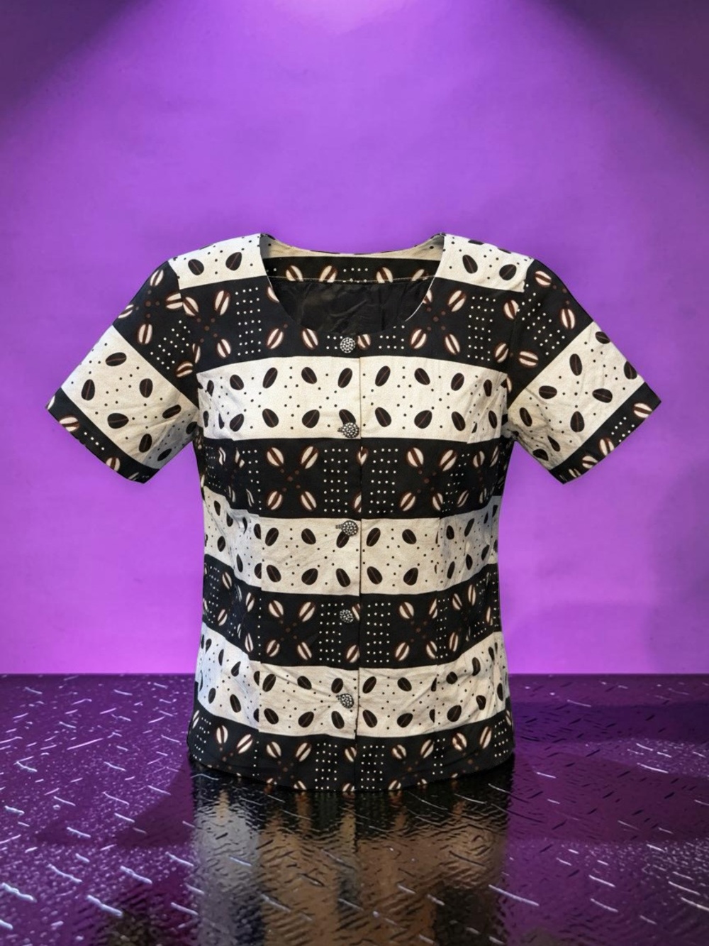 Striped Black and Cream Short-Sleeve Women's Top